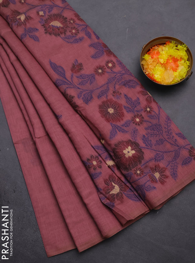 Munga cotton saree mauve pink and maroon with thread woven floral buttas and floral design weaving pallu