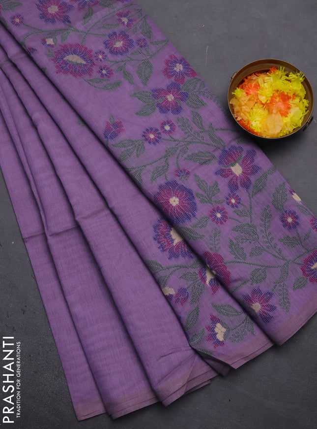 Munga cotton saree lavender and navy blue with thread woven floral buttas and floral design weaving pallu