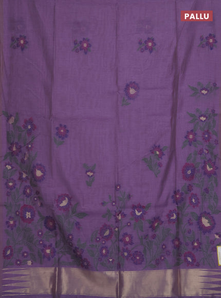 Munga cotton saree lavender and navy blue with thread woven floral buttas and floral design weaving pallu