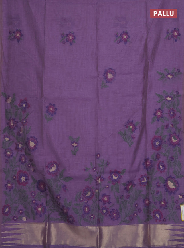Munga cotton saree lavender and navy blue with thread woven floral buttas and floral design weaving pallu