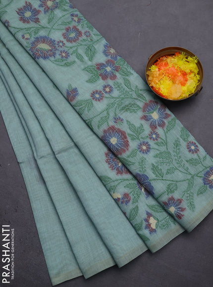 Munga cotton saree teal blue and maroon with thread woven floral buttas and floral design weaving pallu