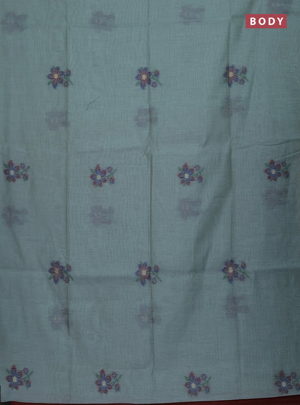 Munga cotton saree teal blue and maroon with thread woven floral buttas and floral design weaving pallu