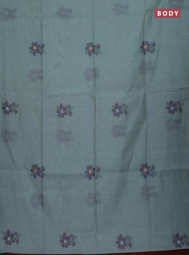 Munga cotton saree teal blue and maroon with thread woven floral buttas and floral design weaving pallu