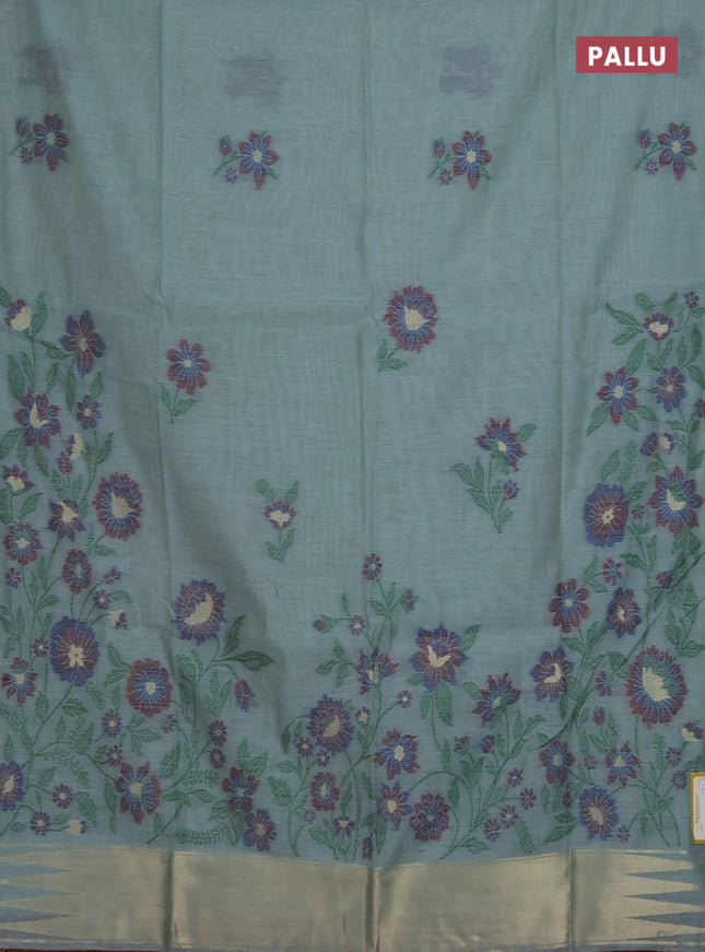 Munga cotton saree teal blue and maroon with thread woven floral buttas and floral design weaving pallu