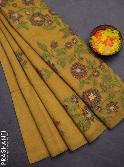 Munga cotton saree mustard yellow and maroon with thread woven floral buttas and floral design weaving pallu