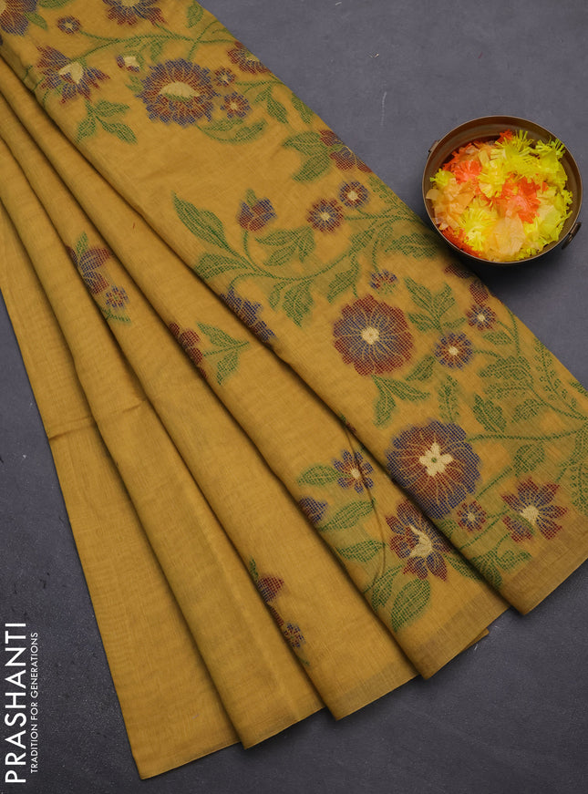 Munga cotton saree mustard yellow and maroon with thread woven floral buttas and floral design weaving pallu