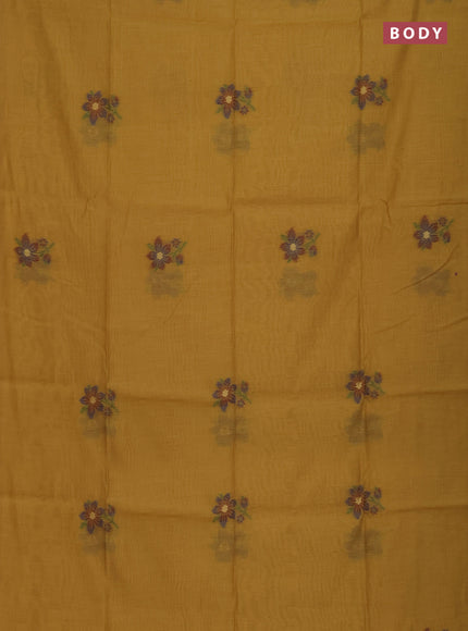 Munga cotton saree mustard yellow and maroon with thread woven floral buttas and floral design weaving pallu