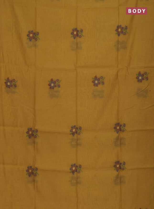 Munga cotton saree mustard yellow and maroon with thread woven floral buttas and floral design weaving pallu