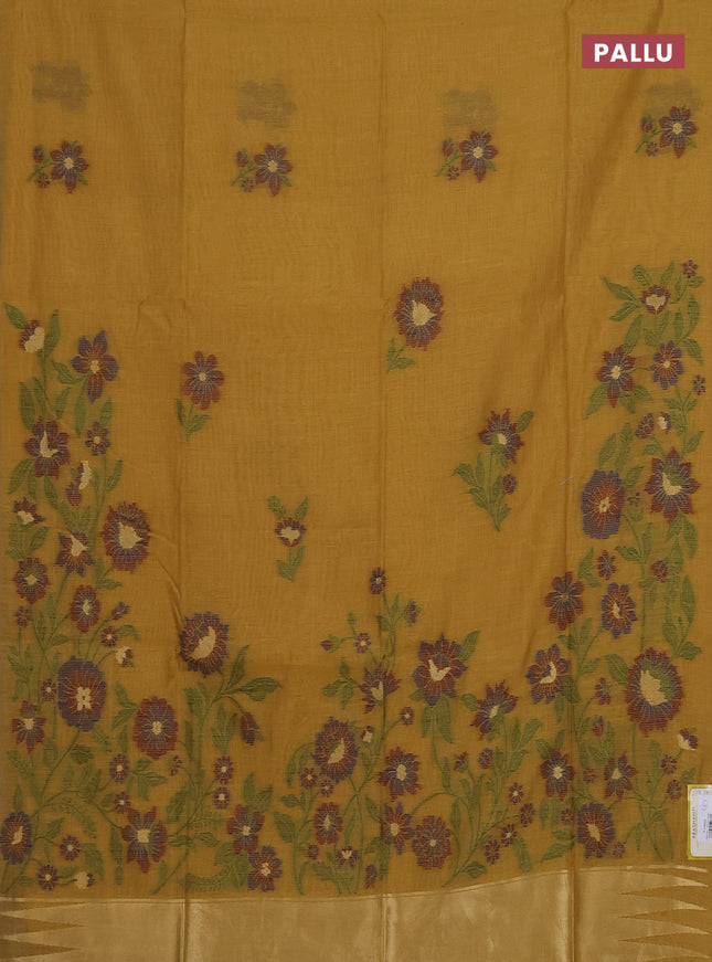 Munga cotton saree mustard yellow and maroon with thread woven floral buttas and floral design weaving pallu