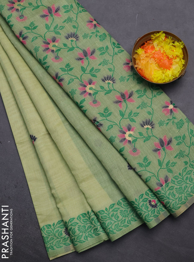Munga cotton saree pastel green and green with thread woven floral buttas and thread woven pallu