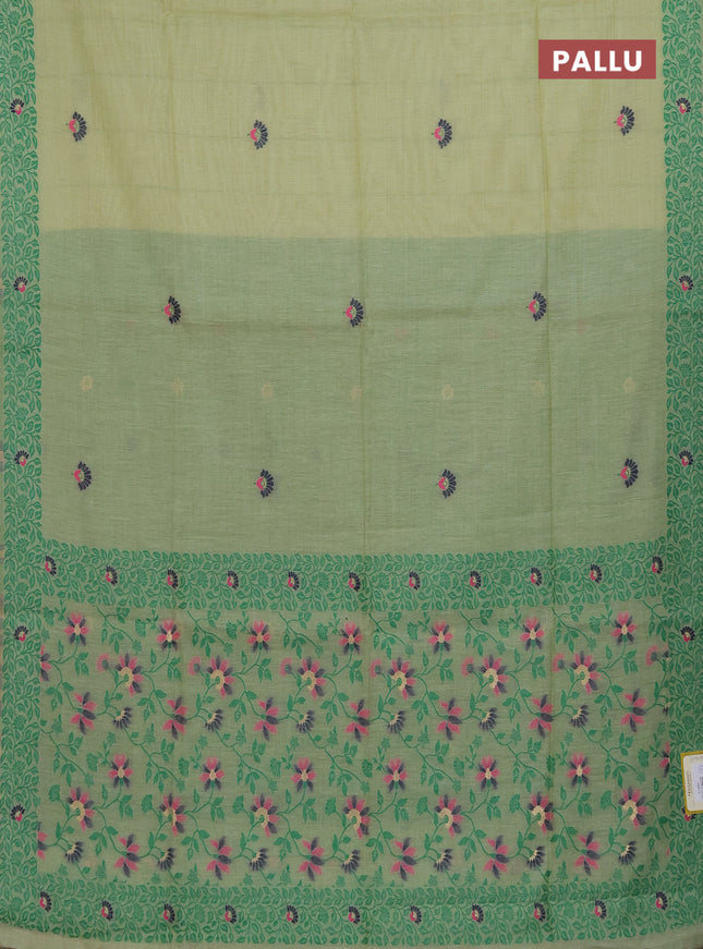 Munga cotton saree pastel green and green with thread woven floral buttas and thread woven pallu