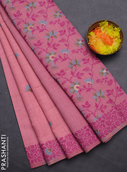 Munga cotton saree peach pink and pink with thread woven floral buttas and thread woven pallu