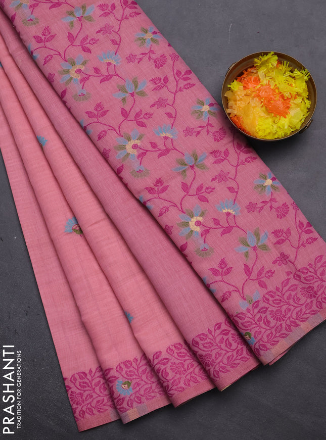 Munga cotton saree peach pink and pink with thread woven floral buttas and thread woven pallu