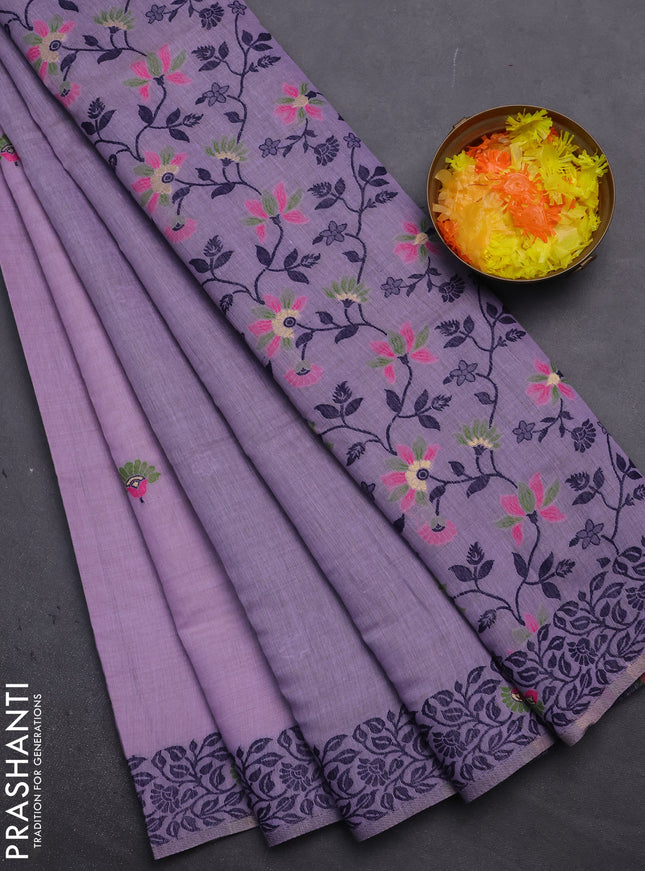 Munga cotton saree lavender and navy blue with thread woven floral buttas and thread woven pallu