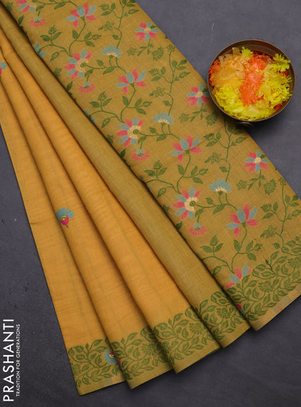 Munga cotton saree mustard yellow and green with thread woven floral buttas and thread woven pallu