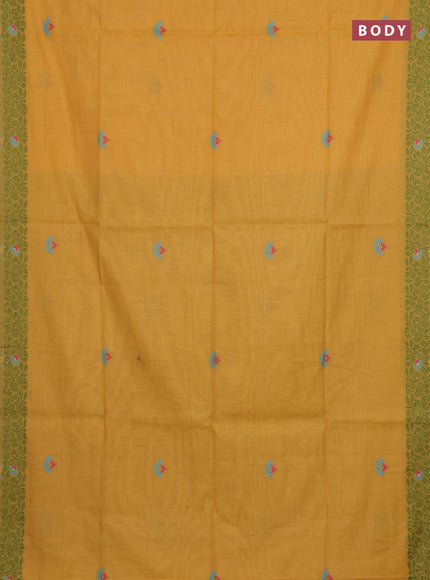 Munga cotton saree mustard yellow and green with thread woven floral buttas and thread woven pallu