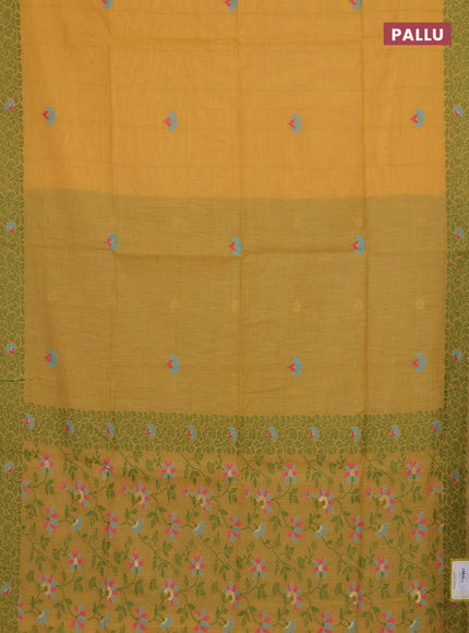 Munga cotton saree mustard yellow and green with thread woven floral buttas and thread woven pallu
