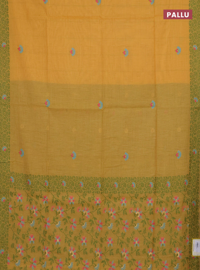 Munga cotton saree mustard yellow and green with thread woven floral buttas and thread woven pallu