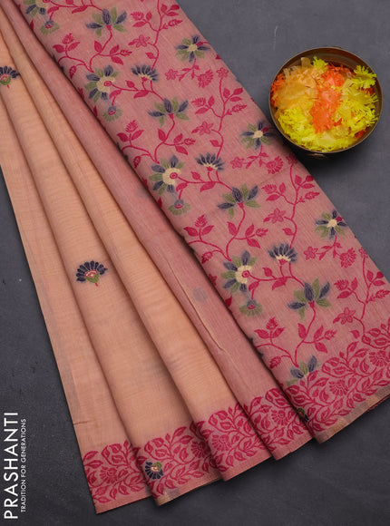 Munga cotton saree peach shade and pink with thread woven floral buttas and thread woven pallu