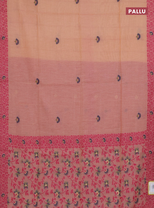 Munga cotton saree peach shade and pink with thread woven floral buttas and thread woven pallu