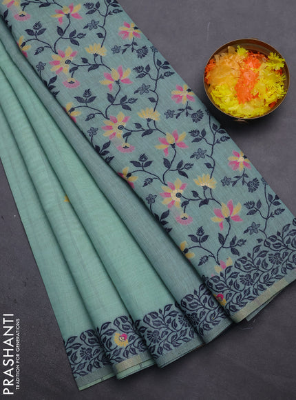 Munga cotton saree teal green and navy blue with thread woven floral buttas and thread woven pallu