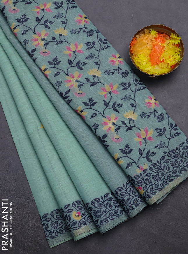 Munga cotton saree teal green and navy blue with thread woven floral buttas and thread woven pallu