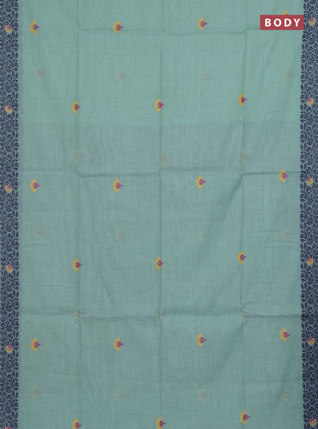 Munga cotton saree teal green and navy blue with thread woven floral buttas and thread woven pallu