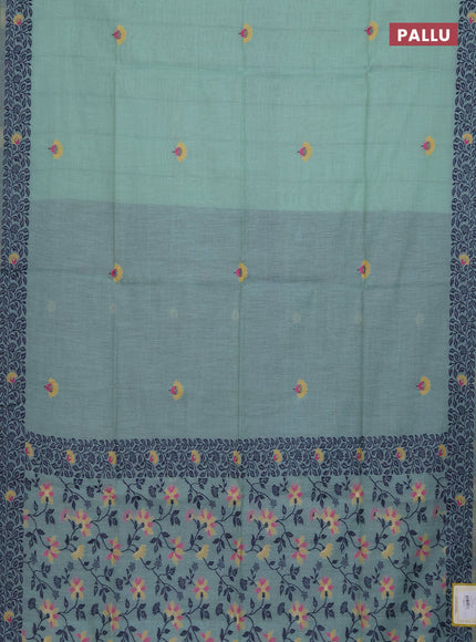 Munga cotton saree teal green and navy blue with thread woven floral buttas and thread woven pallu