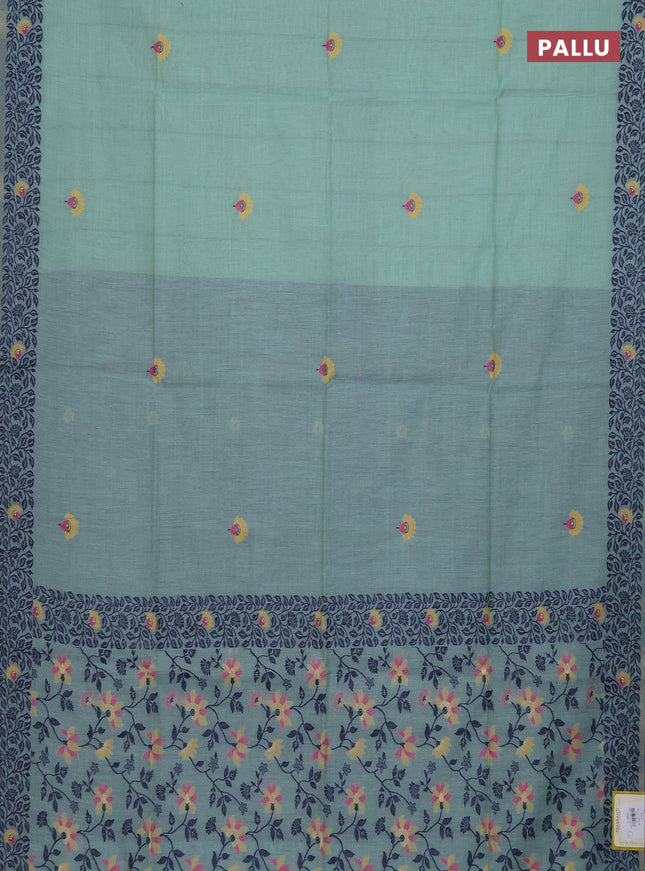 Munga cotton saree teal green and navy blue with thread woven floral buttas and thread woven pallu