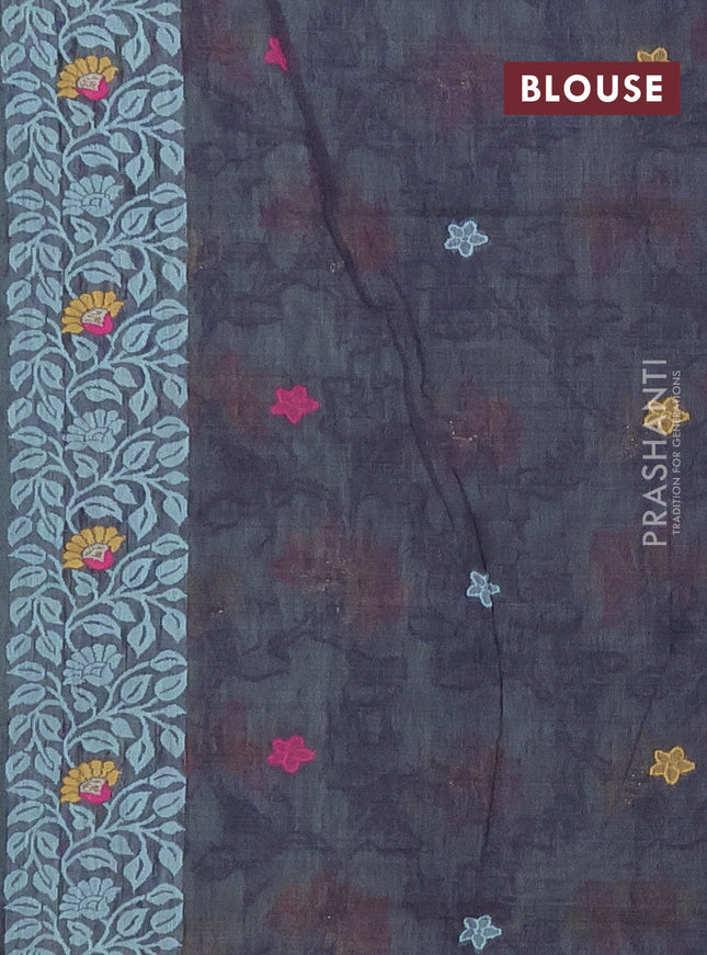 Munga cotton saree teal green and navy blue with thread woven floral buttas and thread woven pallu