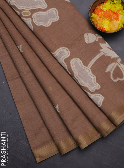Munga cotton saree brown with thread woven floral buttas and zari woven border