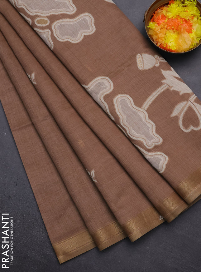 Munga cotton saree brown with thread woven floral buttas and zari woven border