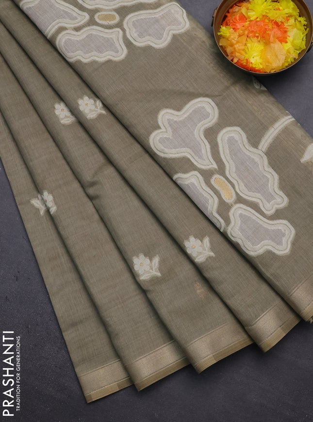 Munga cotton saree greyish green with thread woven floral buttas and zari woven border
