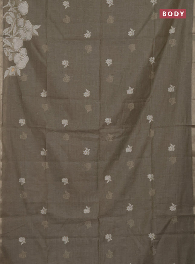 Munga cotton saree greyish green with thread woven floral buttas and zari woven border