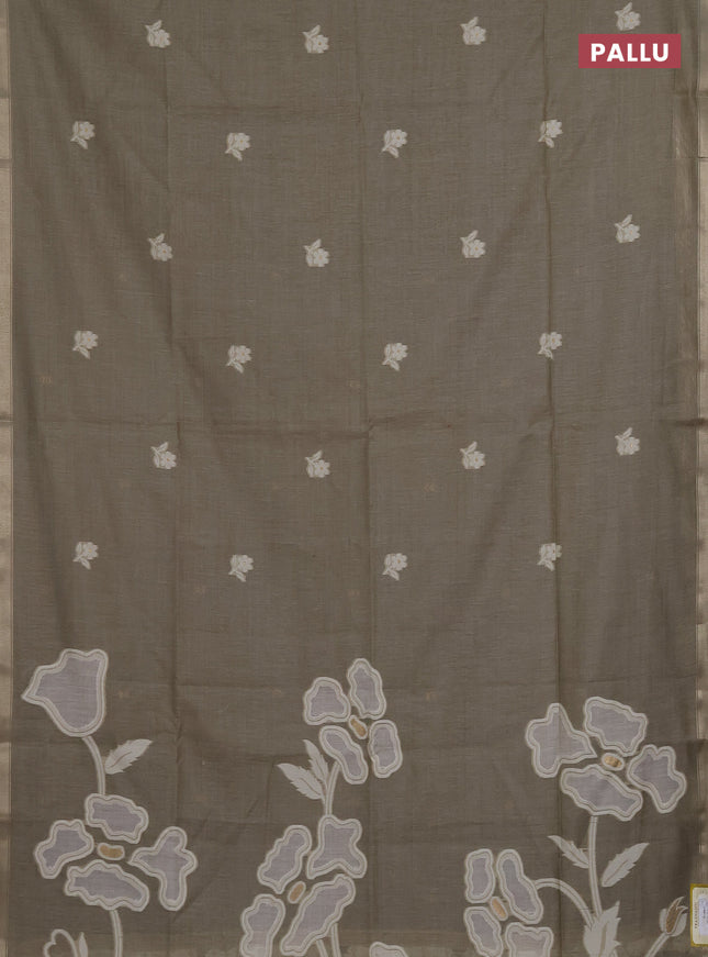 Munga cotton saree greyish green with thread woven floral buttas and zari woven border