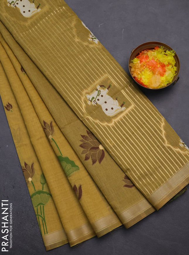 Munga cotton saree mustard yellow and brown with thread woven floral buttas and pichwai weaving pallu
