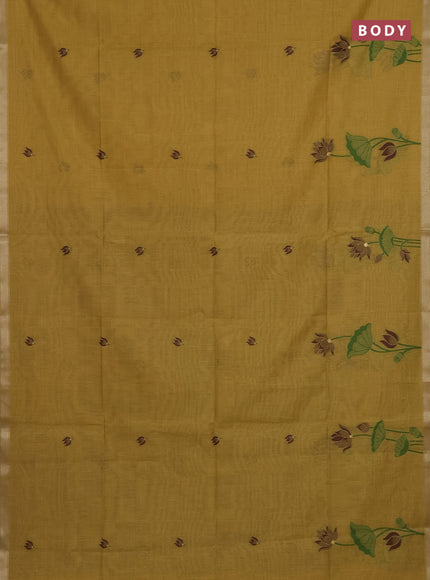Munga cotton saree mustard yellow and brown with thread woven floral buttas and pichwai weaving pallu