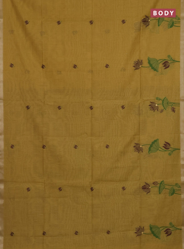 Munga cotton saree mustard yellow and brown with thread woven floral buttas and pichwai weaving pallu