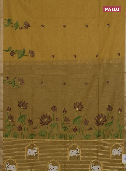 Munga cotton saree mustard yellow and brown with thread woven floral buttas and pichwai weaving pallu