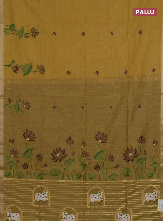 Munga cotton saree mustard yellow and brown with thread woven floral buttas and pichwai weaving pallu