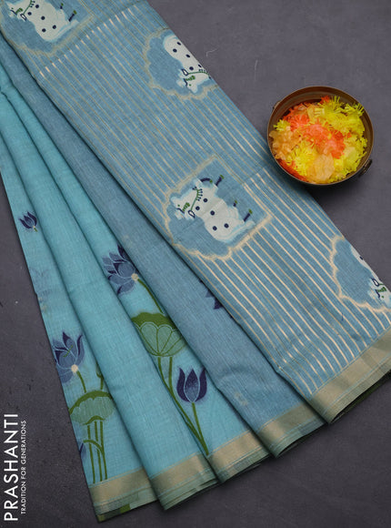 Munga cotton saree teal blue and navy blue with thread woven floral buttas and pichwai weaving pallu
