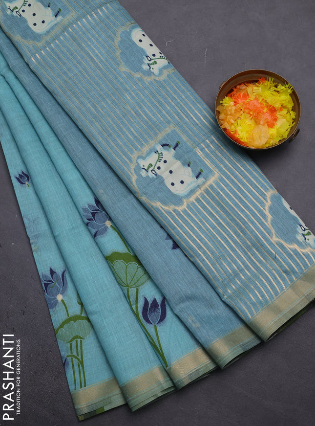 Munga cotton saree teal blue and navy blue with thread woven floral buttas and pichwai weaving pallu