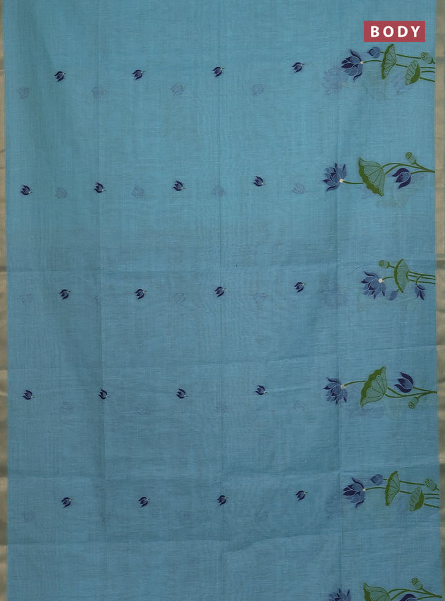 Munga cotton saree teal blue and navy blue with thread woven floral buttas and pichwai weaving pallu