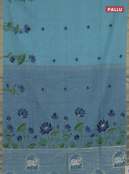 Munga cotton saree teal blue and navy blue with thread woven floral buttas and pichwai weaving pallu