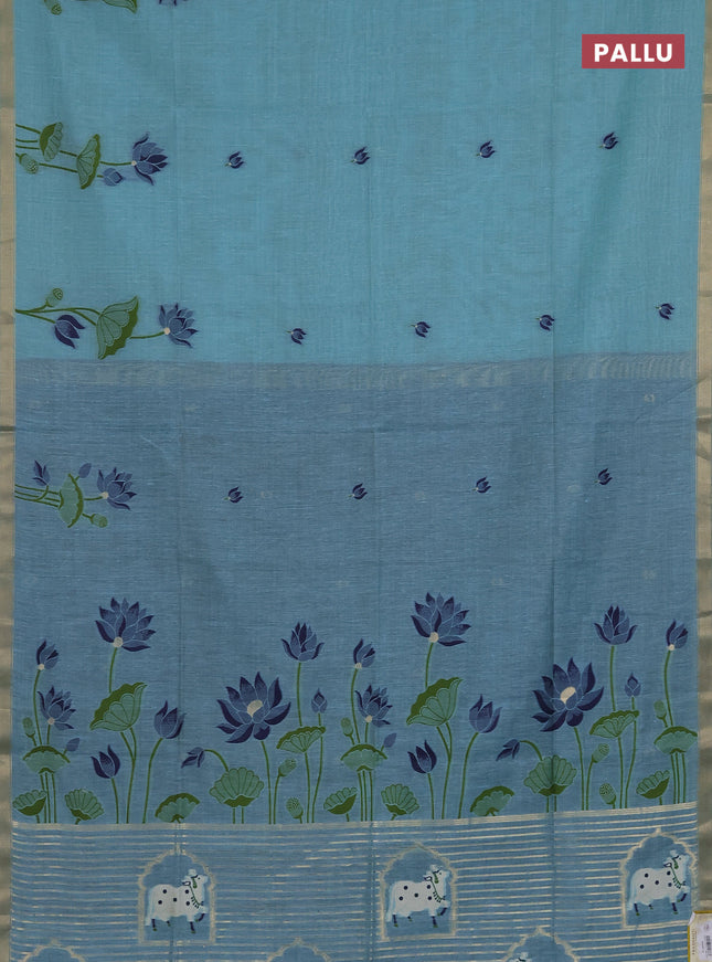 Munga cotton saree teal blue and navy blue with thread woven floral buttas and pichwai weaving pallu