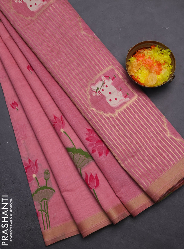 Munga cotton saree peach pink and pink with thread woven floral buttas and pichwai weaving pallu
