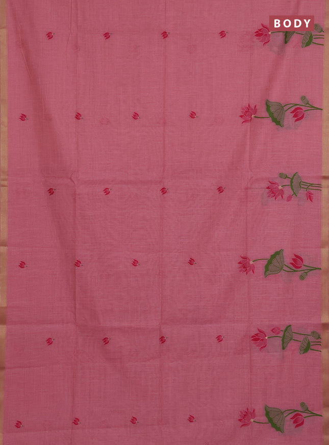 Munga cotton saree peach pink and pink with thread woven floral buttas and pichwai weaving pallu
