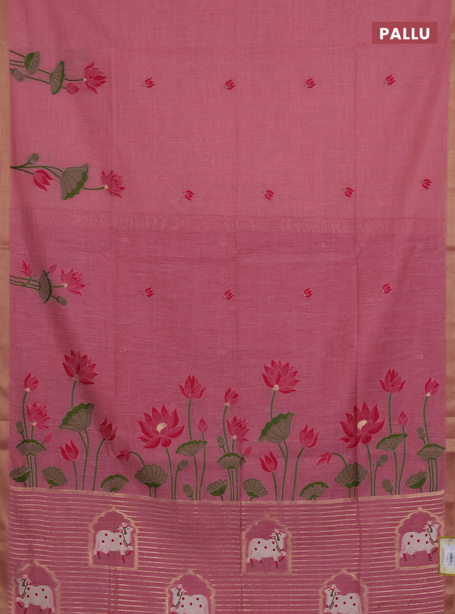 Munga cotton saree peach pink and pink with thread woven floral buttas and pichwai weaving pallu