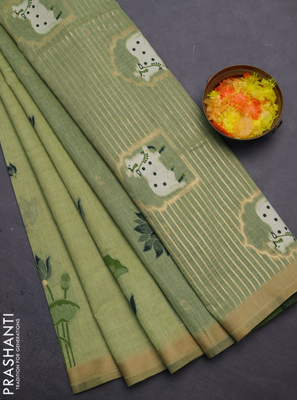 Munga cotton saree pista green and bottle green with thread woven floral buttas and pichwai weaving pallu