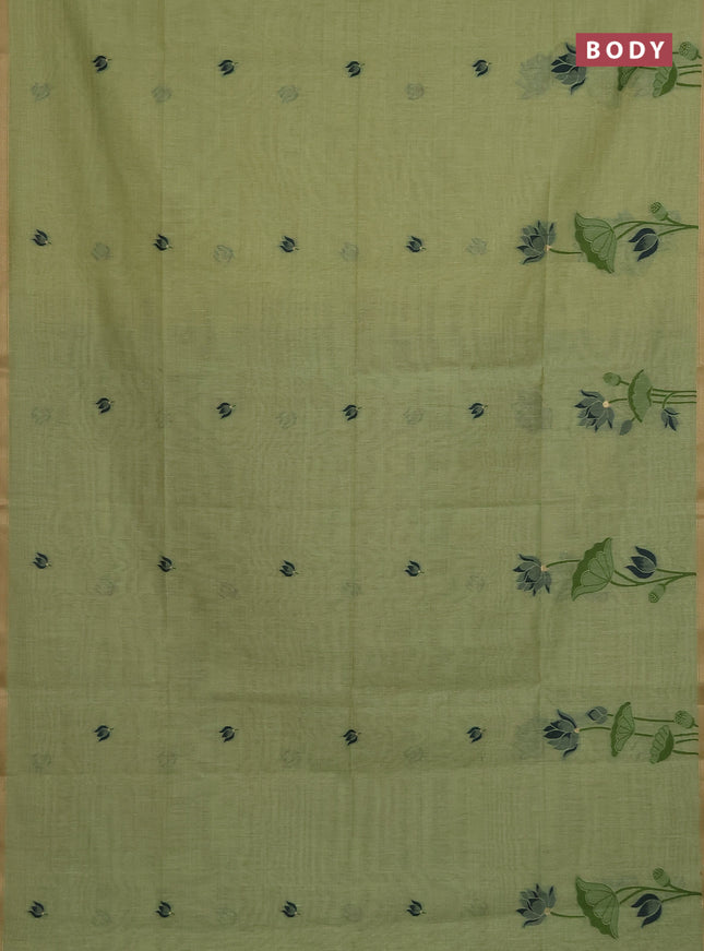 Munga cotton saree pista green and bottle green with thread woven floral buttas and pichwai weaving pallu